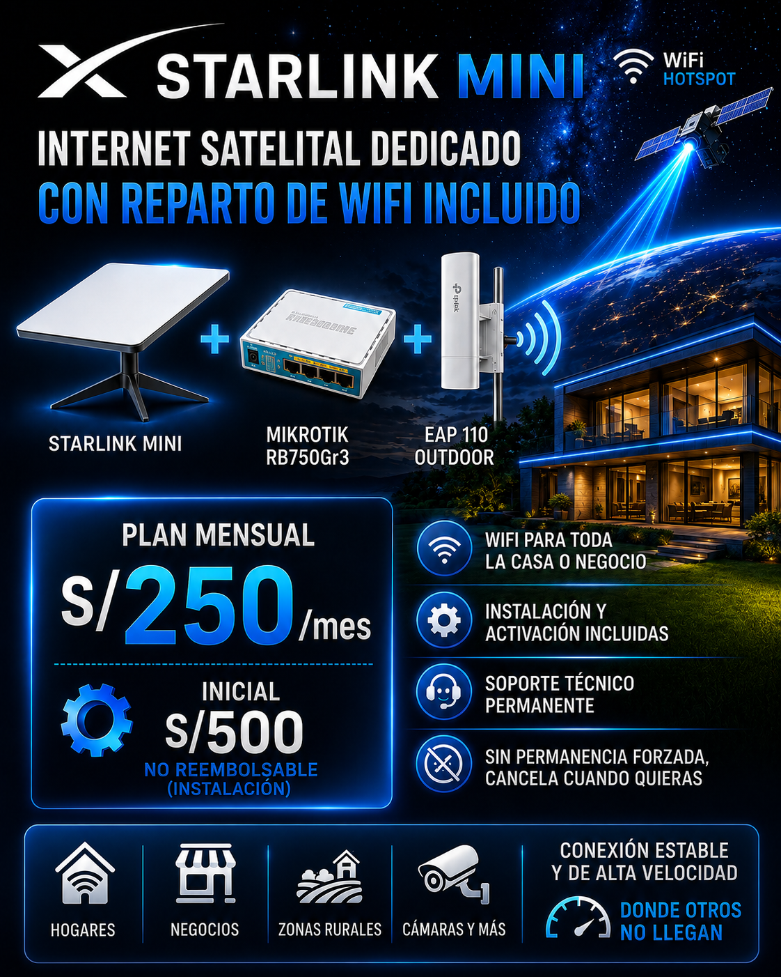 Starlink Mini en alquiler - internet satelital dedicado con reparto de WiFi