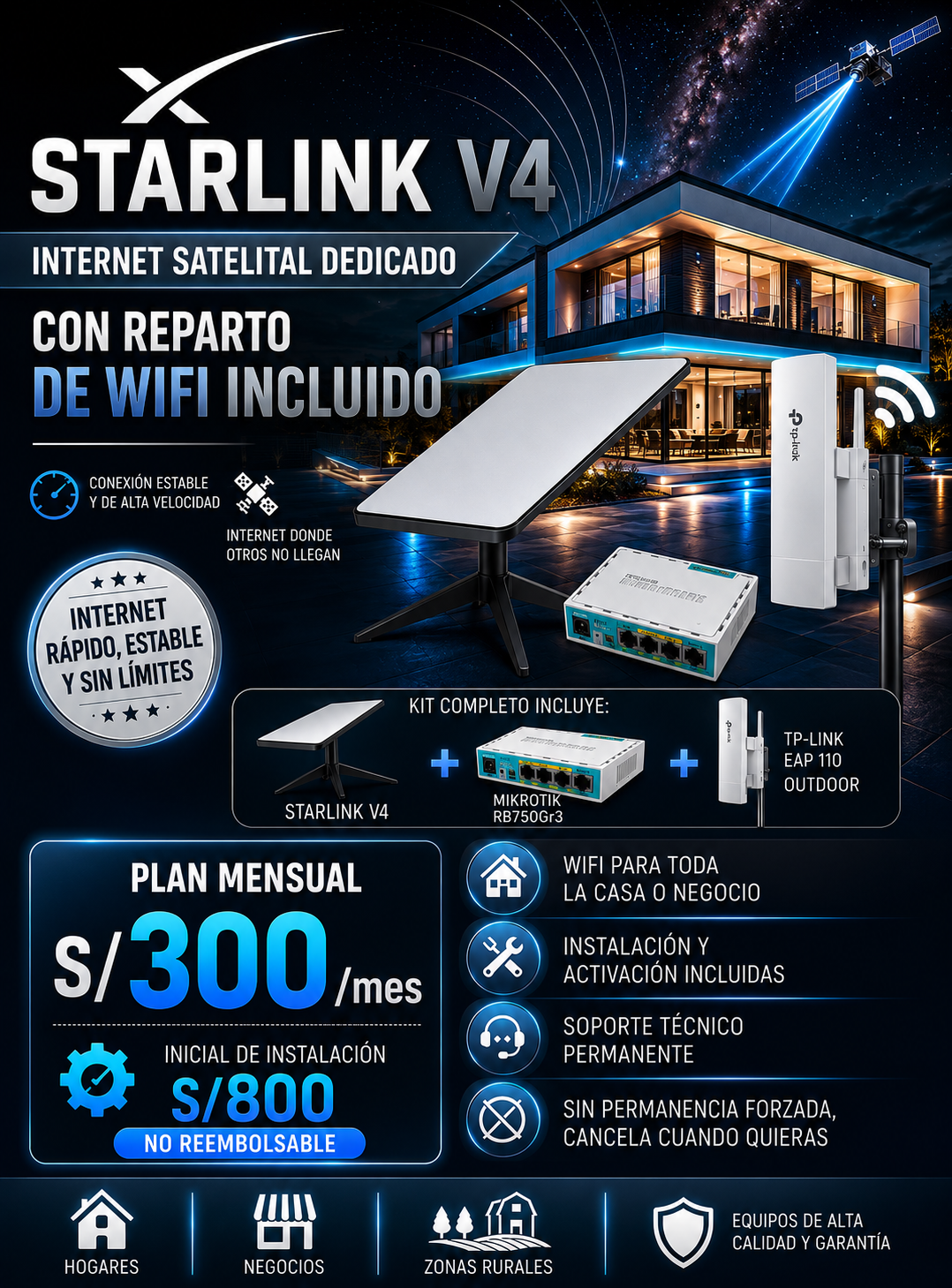 Starlink V4 en alquiler - internet satelital dedicado con reparto de WiFi